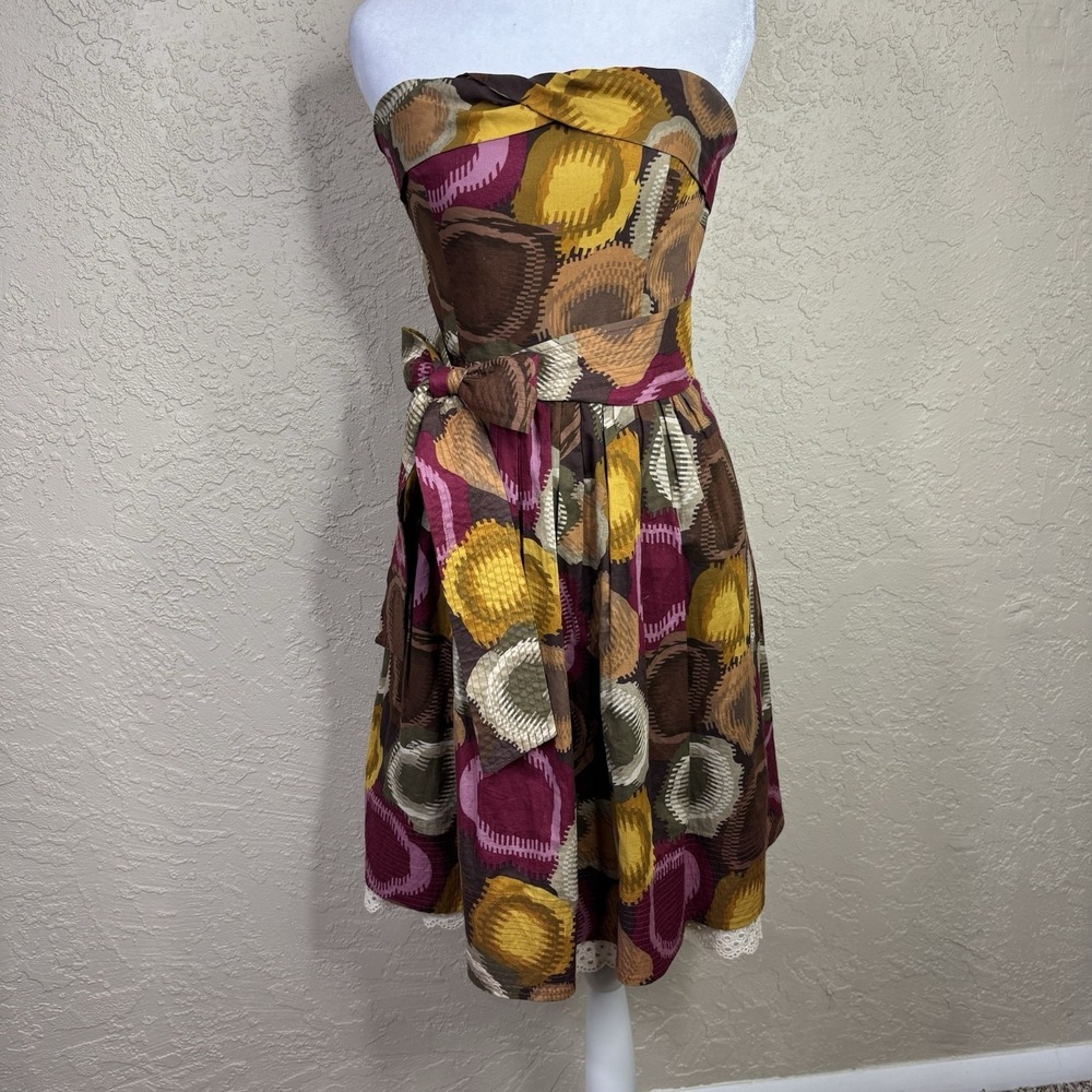 BCBG Max Azria Strapless Floral Dress Size 2 Cotton Cocktail Fit Flare Autumn